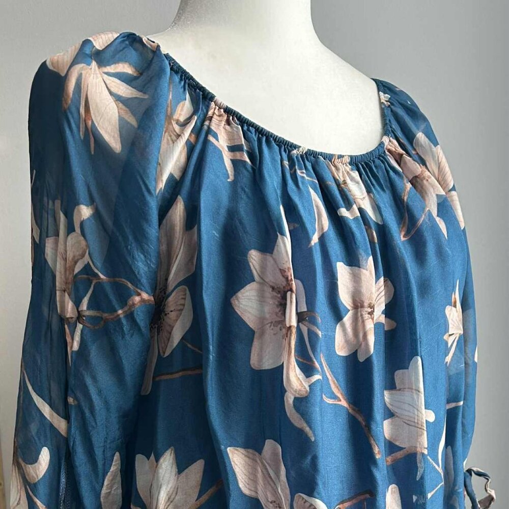 EMC3 Teal Floral Silk-Blend Sheer Blouse with Lined Body & Tie Cuffs – US M